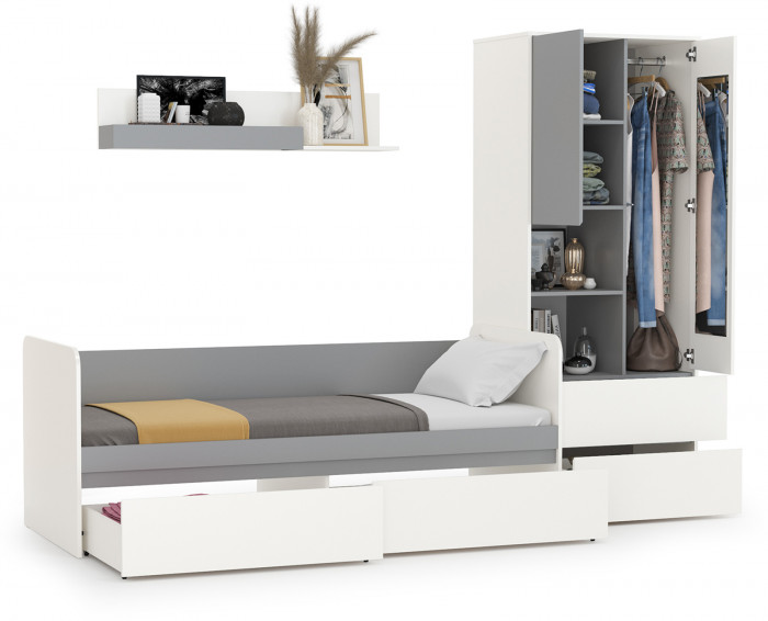 Торонто Компоновка № 20, цвет белый шагрень/стальной серый, ШхГхВ 274х84,4х195,7 см., сп. м. 800х1900 мм., б/м, основание есть, универсальная сборка