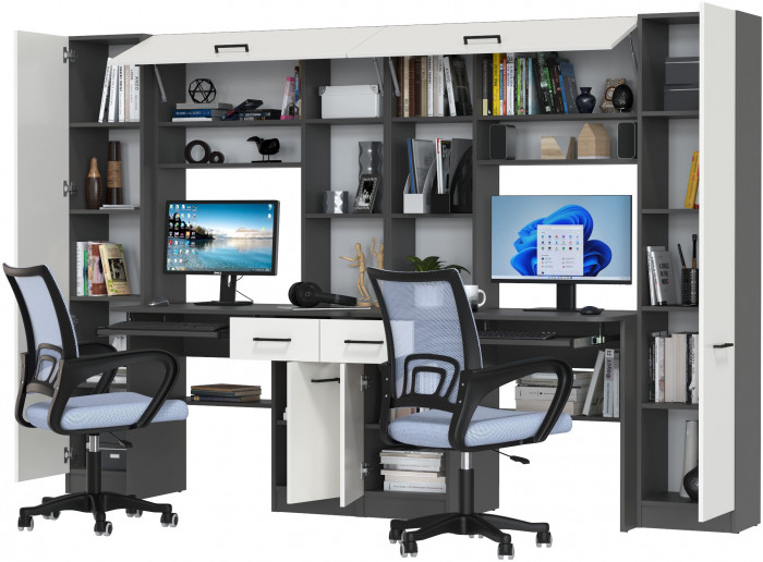 Два стола рабочих 6-0603 Альфа + два кресла 103 серых, цвет графит/белый, ШхГхВ 274х61х181 см., универсальная сборка