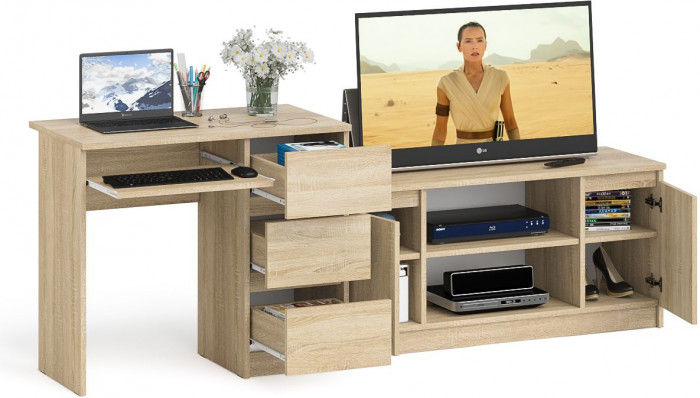 Мори компьютерный стол МС-6 правый + Тумба МТВ1200.1, дуб сонома