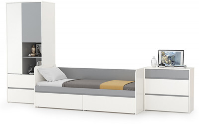 Торонто Компоновка № 21, цвет белый шагрень/стальной серый, ШхГхВ 354х84,4х195,7 см., сп. м. 800х1900 мм., б/м, основание есть, универсальная сборка