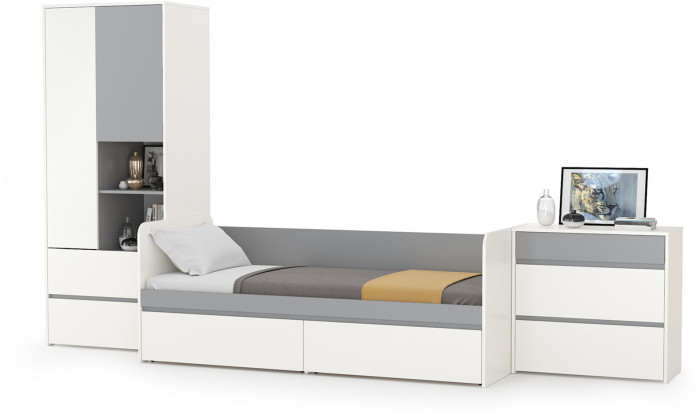 Торонто Компоновка № 21, цвет белый шагрень/стальной серый, ШхГхВ 354х84,4х195,7 см., сп. м. 800х1900 мм., б/м, основание есть, универсальная сборка