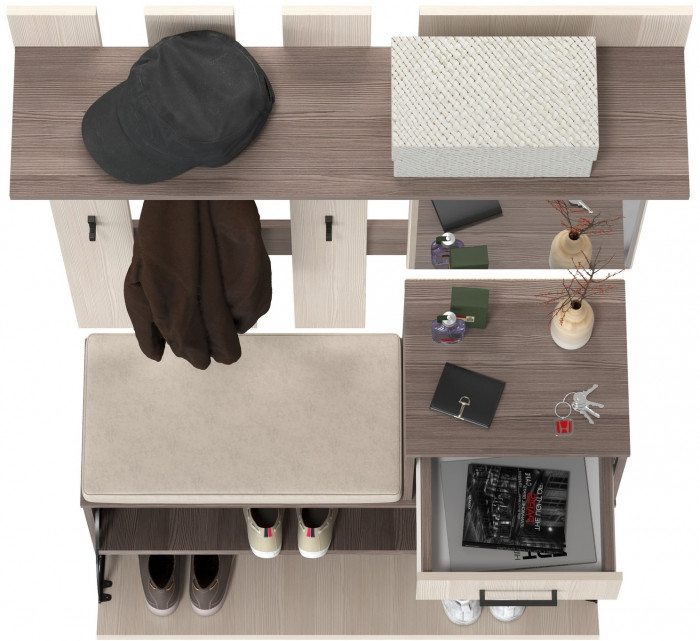 Лира ГК Прихожая 1 2-0714+2-3814 Тумба под обувь + Вешалка с зеркалом, цвет бодега тёмный/бодега светлый, ШхГхВ 100х33х185 см., универсальная сборка