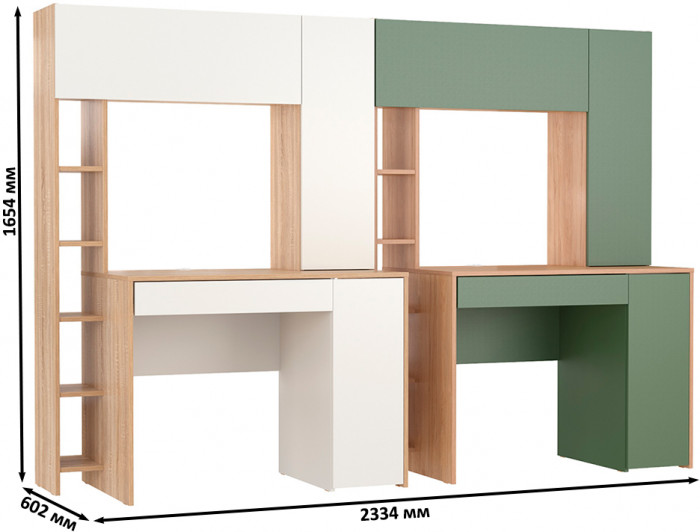 Два стола комп. Комфорт 12.71, дуб сонома/белый/гикори рокфорд натуральный/дымчатый зел.