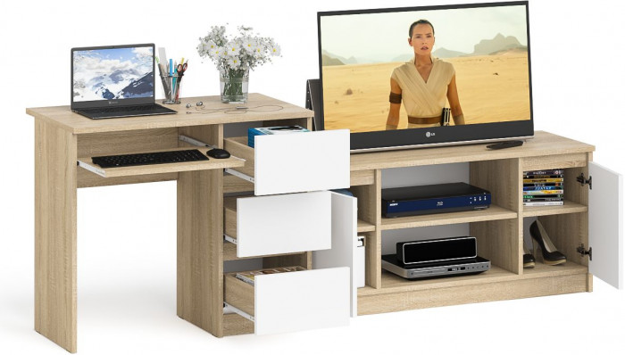 Мори компьютерный стол МС-6 правый + Тумба МТВ1200.1, дуб сонома/белый
