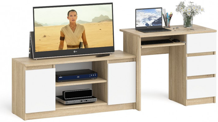 Мори компьютерный стол МС-6 правый + Тумба МТВ1200.1, дуб сонома/белый