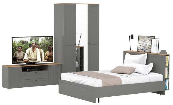 Остин 11.53 Кровать + ортопед + 13.336.03 Шкаф для одежды + 16.47 Тумба под ТВ, серый графит/дуб крафт золотой