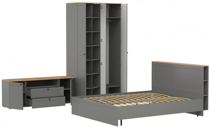 Остин 11.53 Кровать + ортопед + 13.336.03 Шкаф для одежды + 16.47 Тумба под ТВ, серый графит/дуб крафт золотой