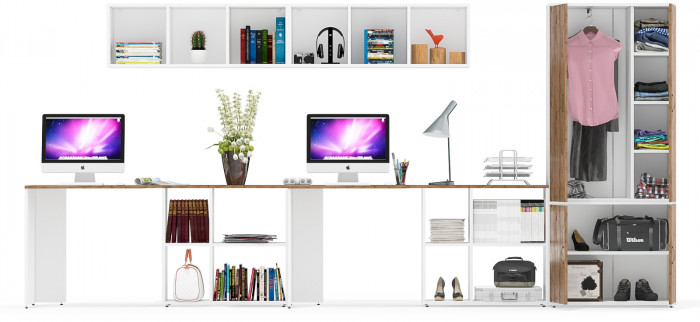 Лидер-8 Стол + Полка + Стол + Полка + Шкаф МД 20Б, цвет белый шагрень/крафт золото, ШхГхВ 410х50/37,5х75/190 или 230х160/50х75/190 см., НЕ ун. сборка