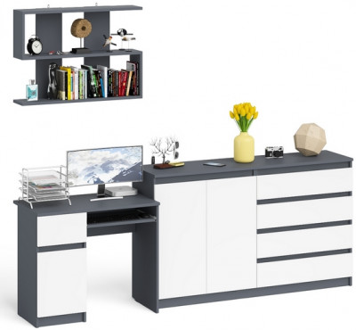 Мори Стол компьютерный МС-1 левый + Комод МК1600.1 + Полка 900, цвет графит/белый, ШхГхВ 250,4х50х209,6 см., НЕ универсальная сборка