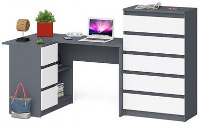 Мори Стол компьютерный МС-16 левый + Комод МК700.5, цвет графит/белый, ШхГхВ 194,8х84,9х114 см., выдвижные ящики слева, НЕ универсальная сборка