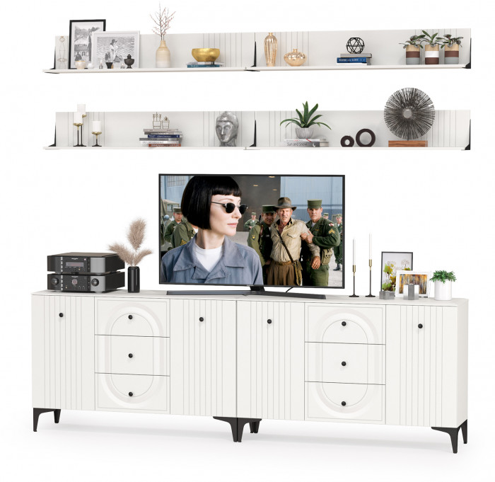 Валенсия Гостиная № 091, цвет ЛДСП белый шагрень/МДФ белый шагрень, ШхГхВ 266,3х38,4х225 см.