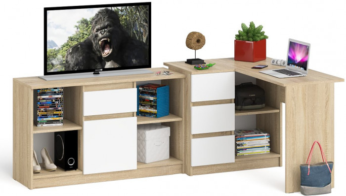 Мори компьютерный стол МС-16 левый + Тумба МТВ1204.1, дуб сонома/белый