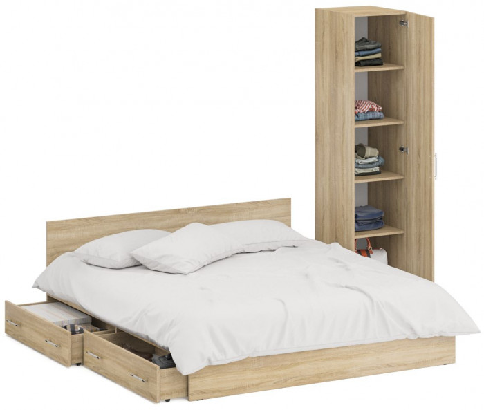 Кровать с ящиками 1800 + Пенал Стандарт, цвет дуб сонома, ШхГхВ 183,5х203,5х70 + 45х52х200 см., сп.м. 1800х2000 мм., без матраса, основание есть