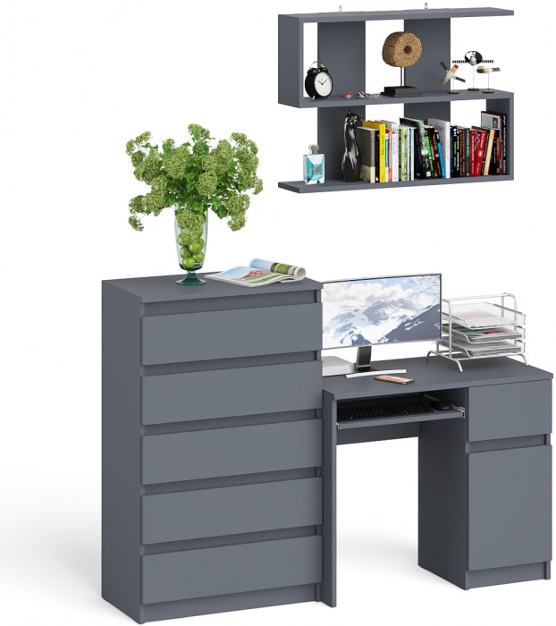 Мори Стол компьютерный МС-1 правый + Комод МК700.5 + Полка 900, цвет графит, ШхГхВ 160,4х50х209,6 см., НЕ универсальная сборка