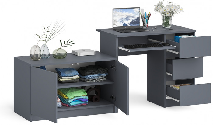 Мори Стол компьютерный МС-6 правый + Тумба МА900.1, цвет графит, ШхГхВ 180,4х50,4х76,6 см., выдвижные ящики справа, НЕ универсальная сборка