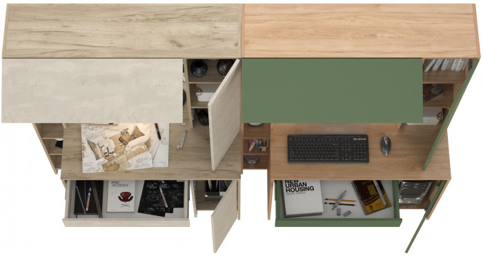 Два стола комп. Комфорт 12.71, дуб крафт серый/шёлковый камень/гикори рокфорд натур./дымчатый зел.