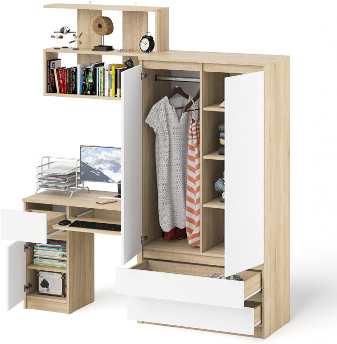 Мори Стол компьютерный МС-1 левый + Шкаф МШ900.1 + Полка 900, цвет дуб сонома/белый, ШхГхВ 180,4х50,4х209,6 см., НЕ универсальная сборка