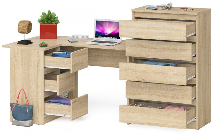 Мори Стол компьютерный МС-16 левый + Комод МК700.5, цвет дуб сонома, ШхГхВ 194,8х84,9х114 см., выдвижные ящики слева, НЕ универсальная сборка
