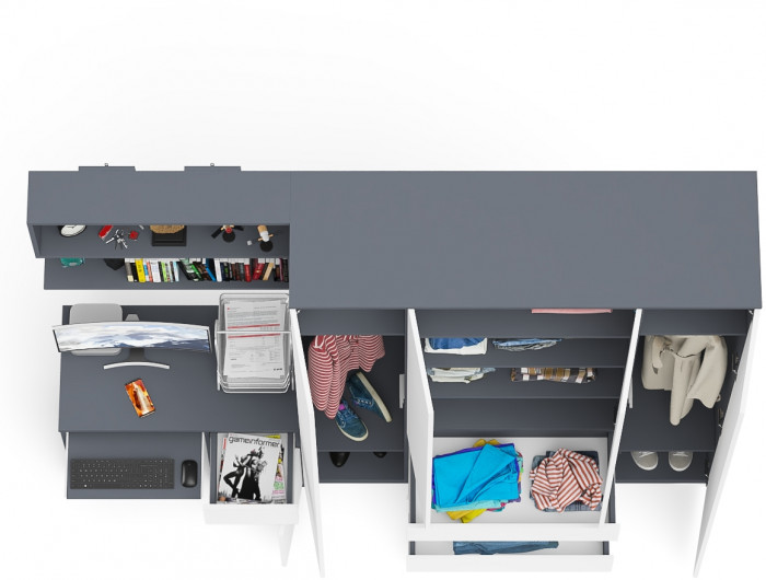 Мори Стол компьютерный МС-1 правый + Шкаф МШ1600.1 + Полка 900, цвет графит/белый, ШхГхВ 250,4х50,4х209,6 см., НЕ универсальная сборка