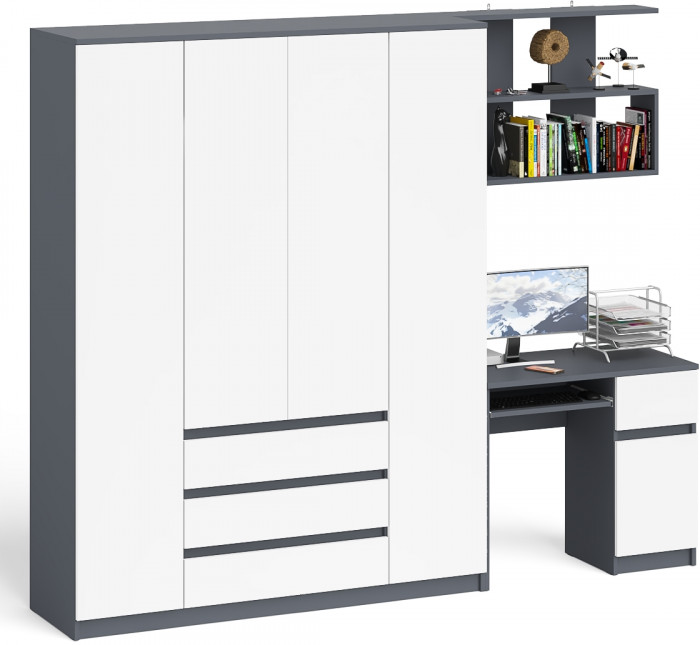 Мори Стол компьютерный МС-1 правый + Шкаф МШ1600.1 + Полка 900, цвет графит/белый, ШхГхВ 250,4х50,4х209,6 см., НЕ универсальная сборка