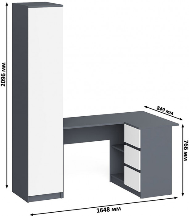 Мори Стол компьютерный МС-16 правый + Пенал МШ400.1, цвет графит/белый, ШхГхВ 164,8х84,9х209,6 см., выдвижные ящики справа, НЕ универсальная сборка