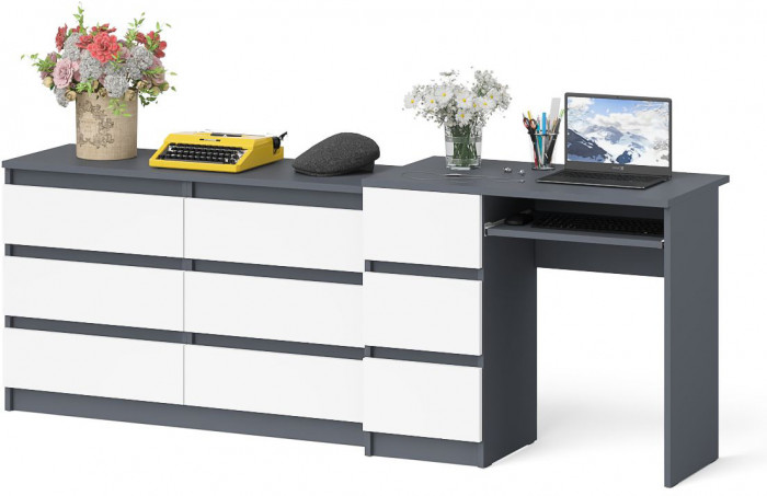 Мори Стол компьютерный МС-6 левый + Комод МК1200.6, цвет графит/белый, ШхГхВ 210,4х50х76,6 см., выдвижные ящики слева, НЕ универсальная сборка