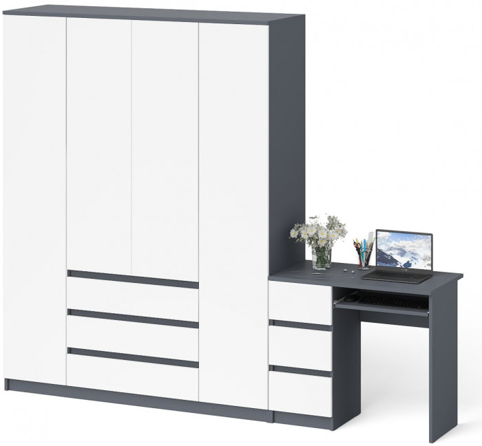 Мори Стол компьютерный МС-6 левый + Шкаф МШ1600.1, цвет графит/белый, ШхГхВ 250,4х50,4х209,6 см., выдвижные ящики слева, НЕ универсальная сборка