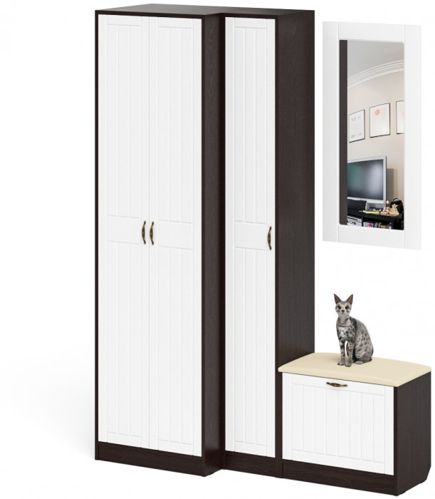 Прихожая П-6 Компоновка № 26, цвет венге/фасады МДФ белое дерево фрезеровка прованс, ШхГхВ 150х50х210 см., универсальная сборка