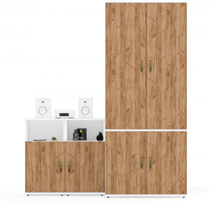 Лидер-8 Шкаф МД 19Б + Тумба МД 3.19 + Тумба МД 3.19, белый шагрень/крафт золото