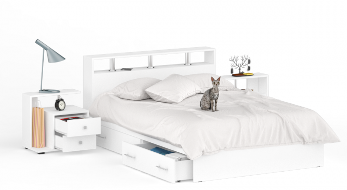 Камелия Кровать с ящиками 1400 + две тумбы, белый