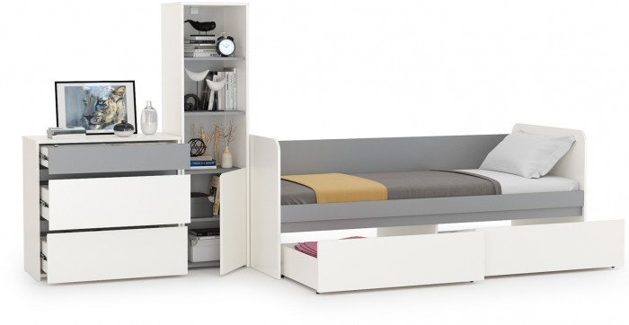 Торонто Компоновка № 24, цвет белый шагрень/стальной серый, ШхГхВ 314х84,4х149,7 см., сп. м. 800х1900 мм., б/м, основание есть, универсальная сборка