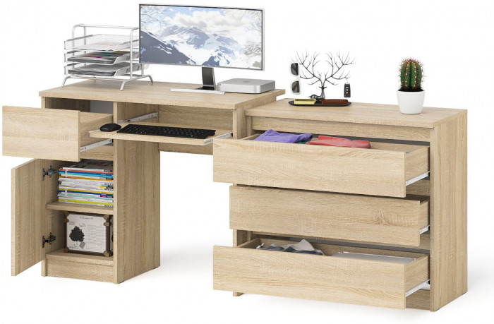 Мори Стол компьютерный МС-1 левый + Комод МК800.1, цвет дуб сонома, ШхГхВ 170,4х50х76,6 см., выдвижной ящик слева, НЕ универсальная сборка