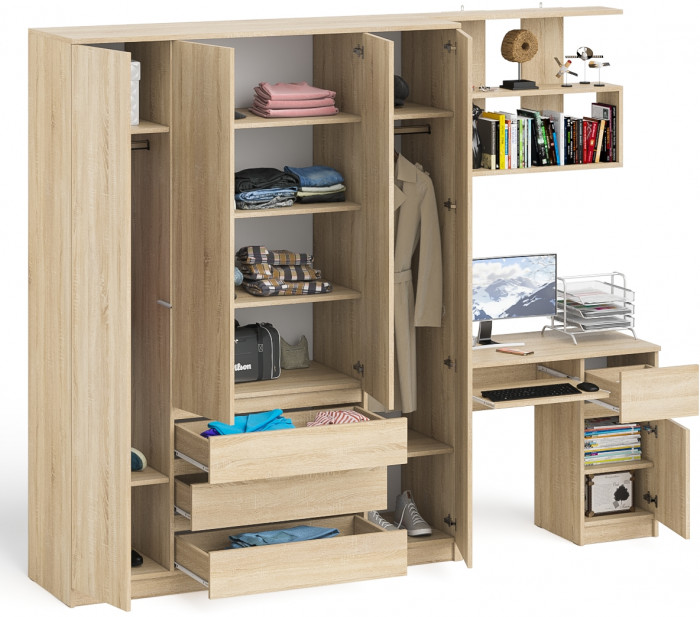 Мори Стол компьютерный МС-1 правый + Шкаф МШ1600.1 + Полка 900, цвет дуб сонома, ШхГхВ 250,4х50,4х209,6 см., НЕ универсальная сборка