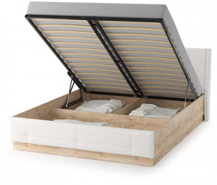 Муссон Кровать 11.28 + подъёмный ортопед, цвет дуб эндгрейн элегантный/искусственная кожа белая, ШхГхВ 177,2х224х95,3 см., сп. м. 1600х2000 мм., б/м