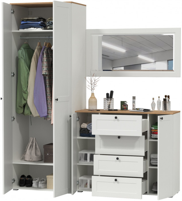 Остин Прихожая 14, цвет белый шагрень/дуб крафт золотой, ШхГхВ 200х54,3х229,6 см., универсальная сборка