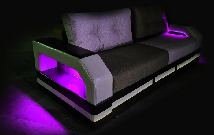 Диван еврокнижка Манчестер с подсветкой,  160 рогожка серая/экокожа черная