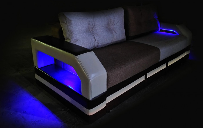 Диван еврокнижка Манчестер с подсветкой,  160 рогожка серая/экокожа черная