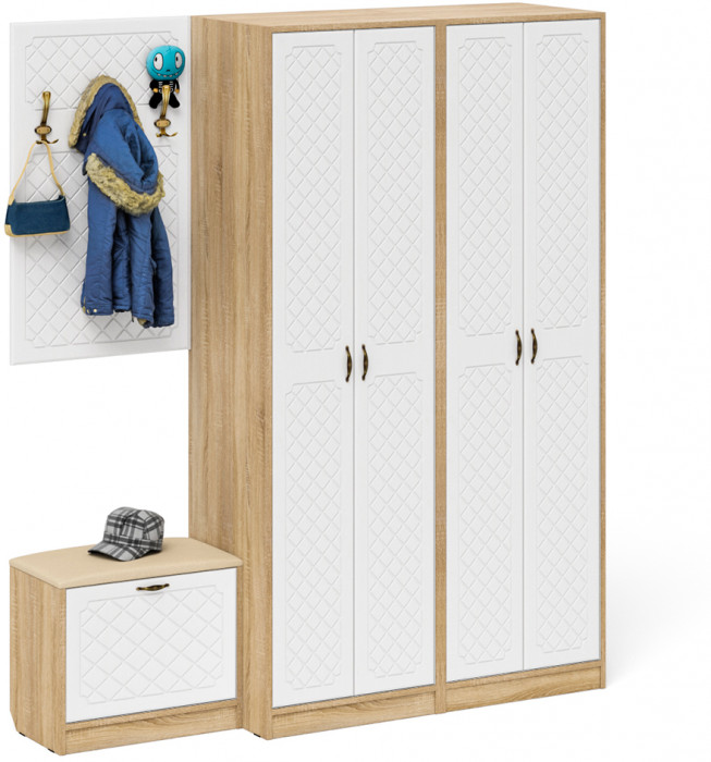 Прихожая П-6 Компоновка № 09, цвет дуб сонома/фасады МДФ белое дерево фрезеровка ромб, ШхГхВ 180х50х210 см., универсальная сборка