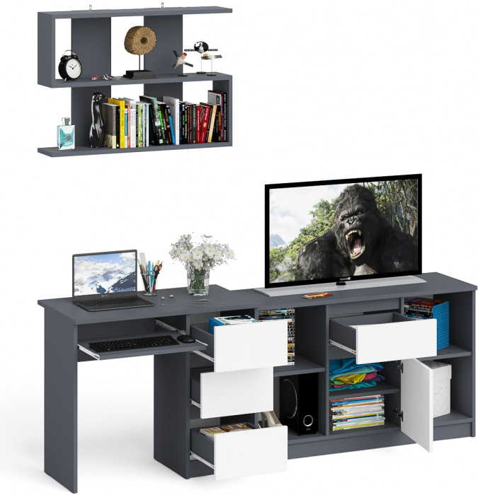 Мори компьютерный стол МС-6 правый + Тумба МТВ1204.1 + Полка 900, графит/белый