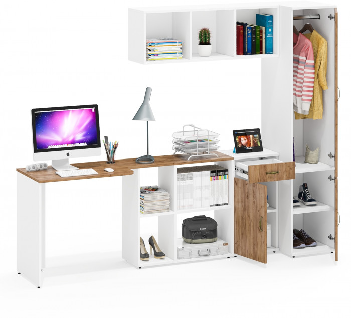 Лидер-8 Стол + Полка + Тумба МД 3.15 + Пенал МД 23Б, цвет белый шагрень/крафт золото, ШхГхВ 245х50/37,5х75/190 или 115х160/50х75/190 см., НЕ ун. сб.