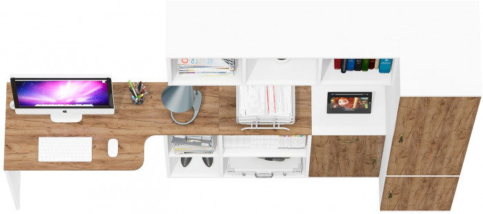 Лидер-8 Стол + Полка + Тумба МД 3.15 + Пенал МД 23Б, цвет белый шагрень/крафт золото, ШхГхВ 245х50/37,5х75/190 или 115х160/50х75/190 см., НЕ ун. сб.