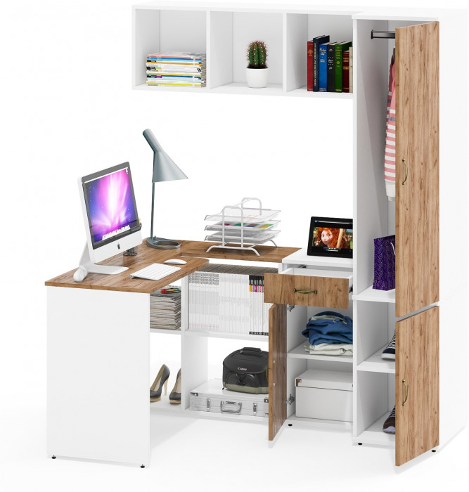 Лидер-8 Стол + Полка + Тумба МД 3.15 + Пенал МД 23Б, цвет белый шагрень/крафт золото, ШхГхВ 245х50/37,5х75/190 или 115х160/50х75/190 см., НЕ ун. сб.