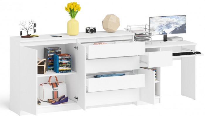 Мори Стол компьютерный МС-1 левый + Комод МК1600.1, цвет белый, ШхГхВ 250,4х50х94 см., выдвижной ящик слева, НЕ универсальная сборка