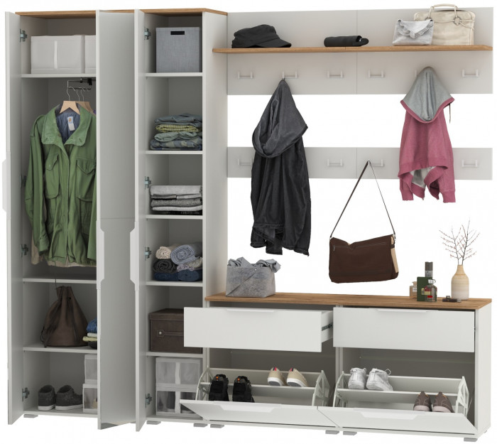 Октава Прихожая 33, цвет белый шагрень/дуб крафт золотой/фасады МДФ белый шагрень, ШхГхВ 226,4х35,4х197,6 см., универсальная сборка