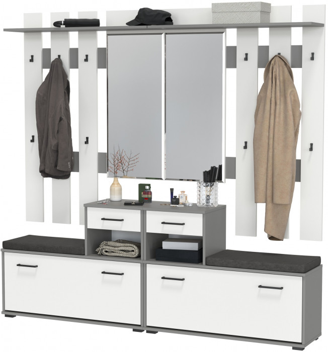 Лира ГК Прихожая 2 Два х Тумба под обувь + Два х Вешалка с зеркалом, цвет графит/белый, ШхГхВ 200х33х185 см., универсальная сборка