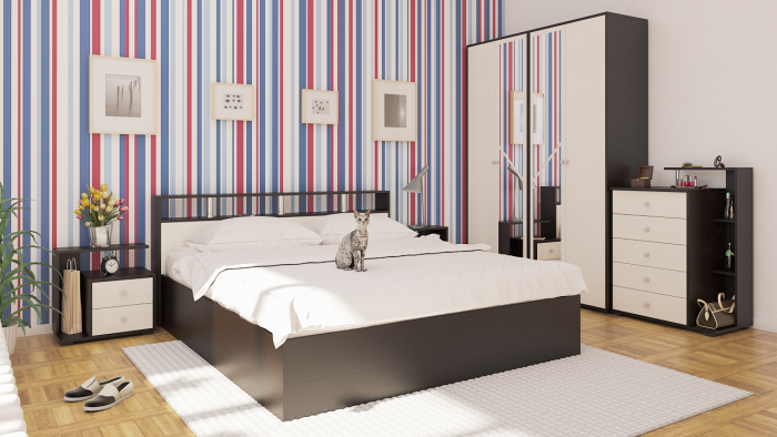 Камелия спальня № 4 Кровать 1800 + Две тумбы + Комод + Шкаф 4-х створчатый, цвет венге/дуб лоредо, сп.м. 1800х2000 мм., б/м, основание есть