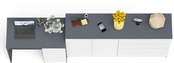 Мори компьютерный стол МС-6 правый + Комод МК1600.1, графит/белый