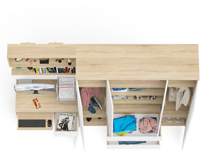 Мори Стол компьютерный МС-1 правый + Шкаф МШ1600.1 + Полка 900, цвет дуб сонома/белый, ШхГхВ 250,4х50,4х209,6 см., НЕ универсальная сборка