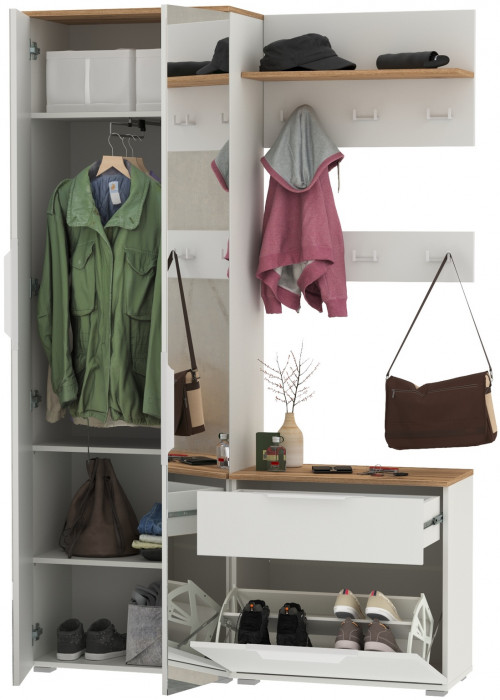 Октава Прихожая 12, цвет белый шагрень/дуб крафт золотой/фасады МДФ белый шагрень, ШхГхВ 129,3х35,4х197,6 см., универсальная сборка