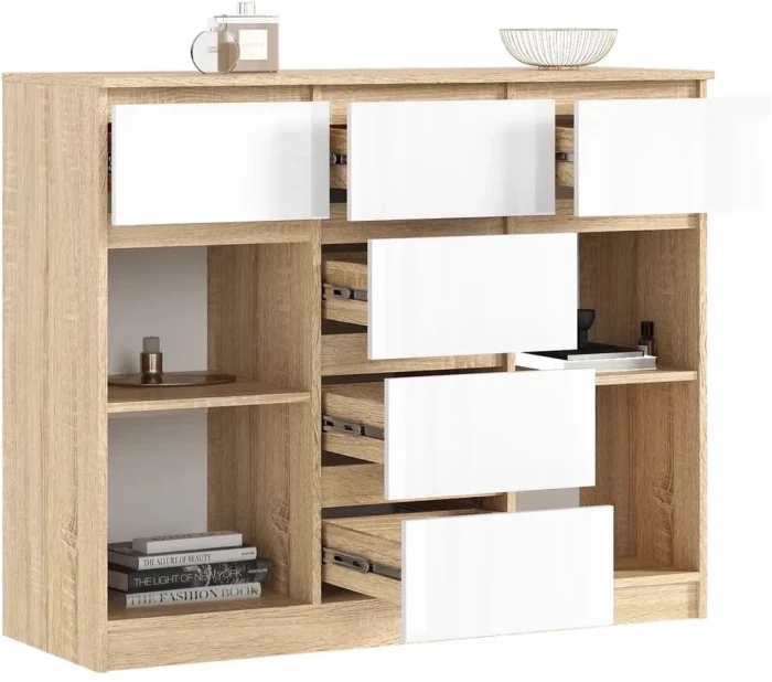 Челси Комод 1200 (2 двери 6 ящика) Белый глянец холодный / сонома (Сонома / Белый глянец)